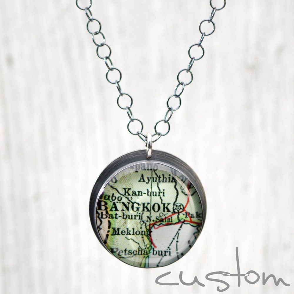 CUSTOM Antique Map Pendant Recycled Silver on Sterling Circles Chain