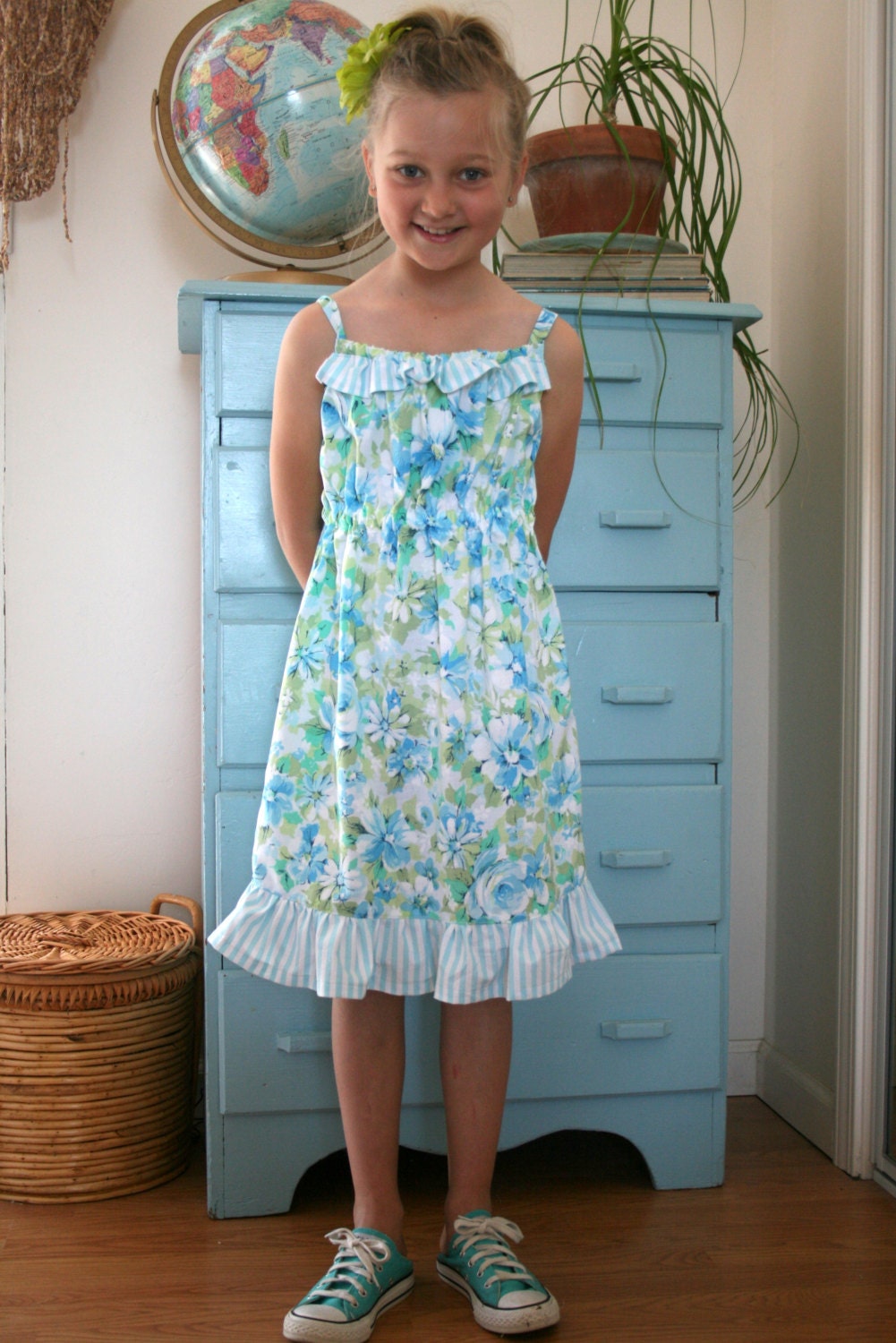 Sundress, Blue Pastel Vintage Floral with Stripes, Girl Size 8