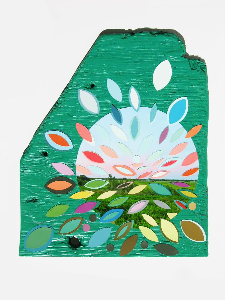 original paper collage by Tracy Melton on reclaimed plywood from the sea
