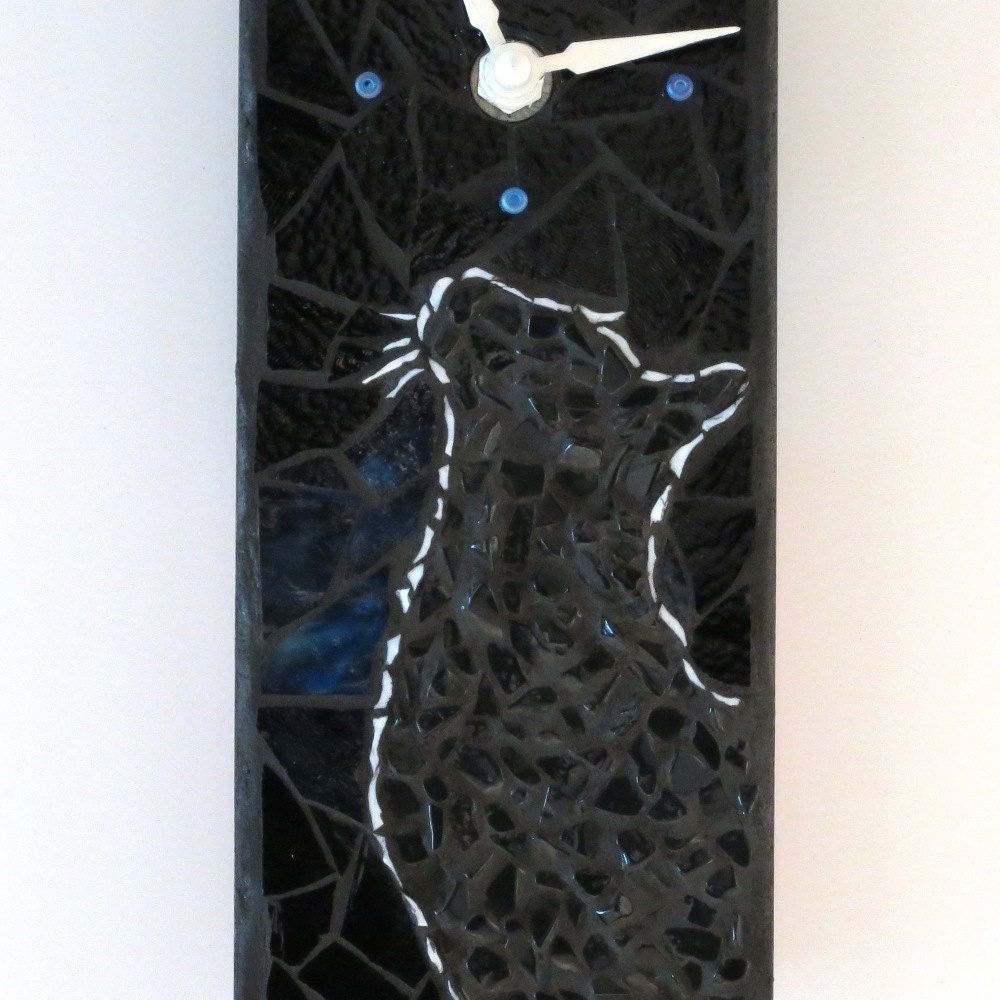 Desk Clock - Cat Silhouette Glass Mosaic Clock and Stand