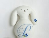 Personalized Bunny with  Blue Monogram and Small Blue Flower