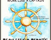nautical nursery play like a pirate blue brown lg print ship wheel boy bedroom wall decor art