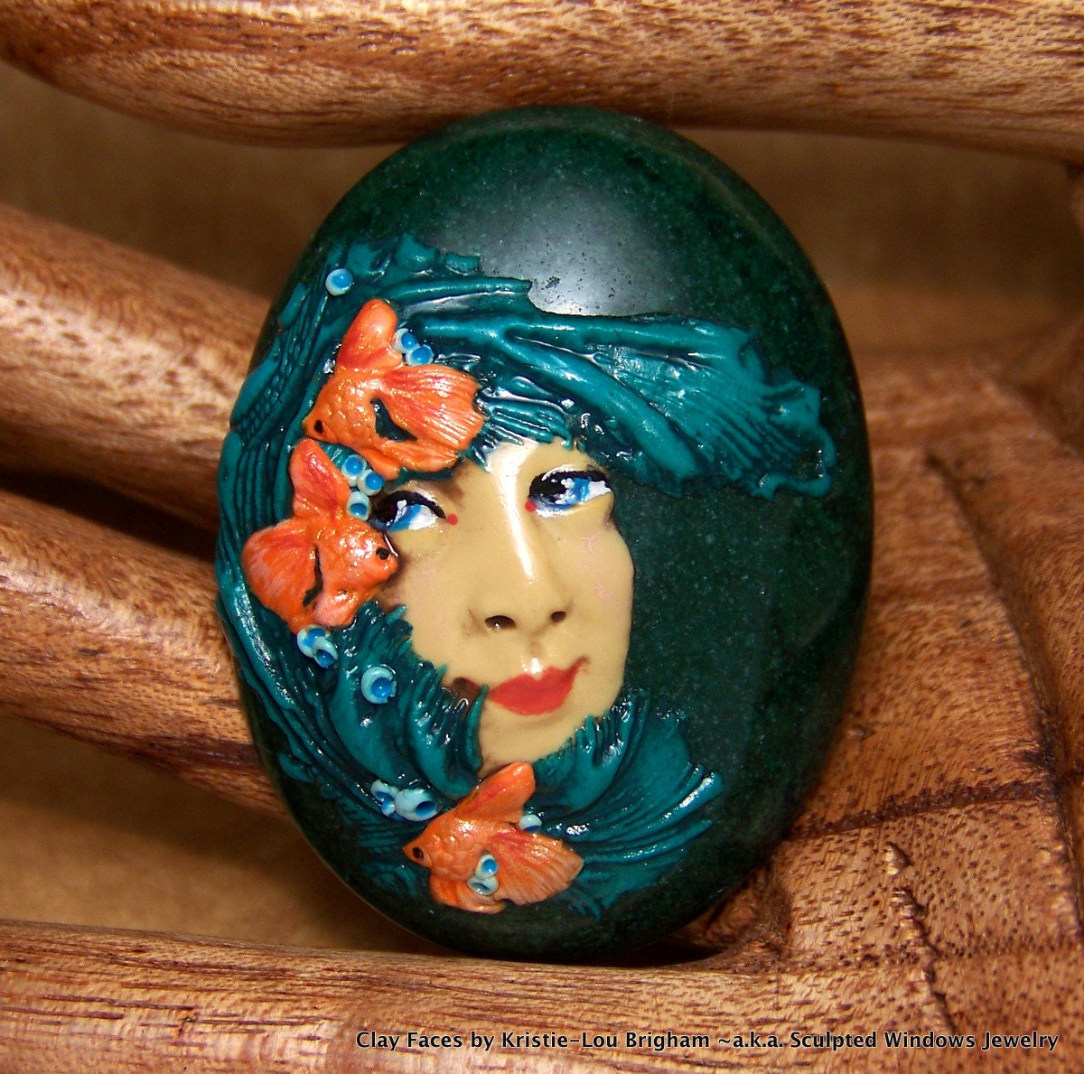 The Mystery of Goldfish Goddess Lady Face Cab Cabochon Green Jade and Polymer Clay hand made Cameo