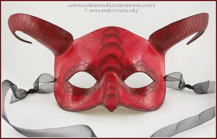 Red Dragon leather mask scaled horned handmade Halloween masquerade costume