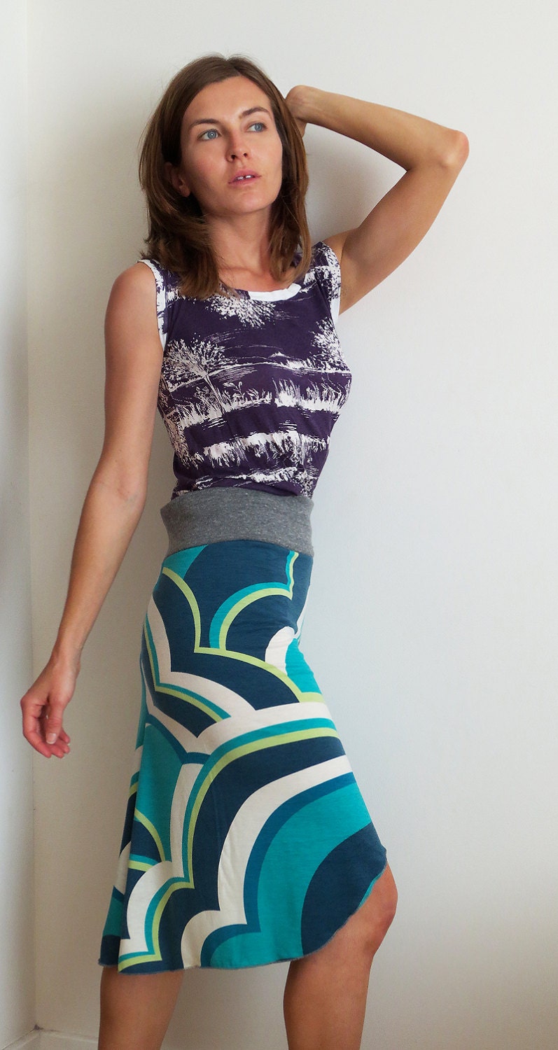 Spicy Toast Penny Swirl 1960 skirt high low medium green blue