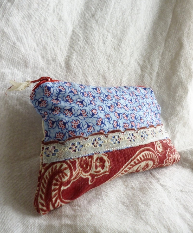 patchwork zippered case with vintage lace - red and blue pouch - minnie zippered pouch