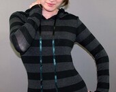 Black and Gray Striped Lace Hoodie Steampunk Pullover