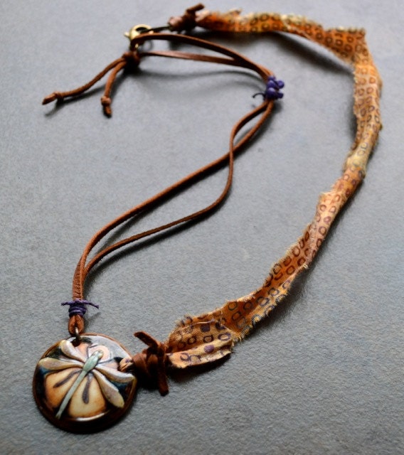 Batik Dragonfly Necklace with Deerskin Leather Lace