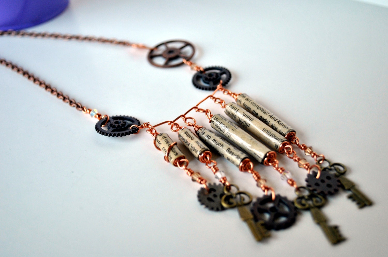 Steampunk Necklace - Recycled Comic Book Paper Beads and Copper Gears Necklace