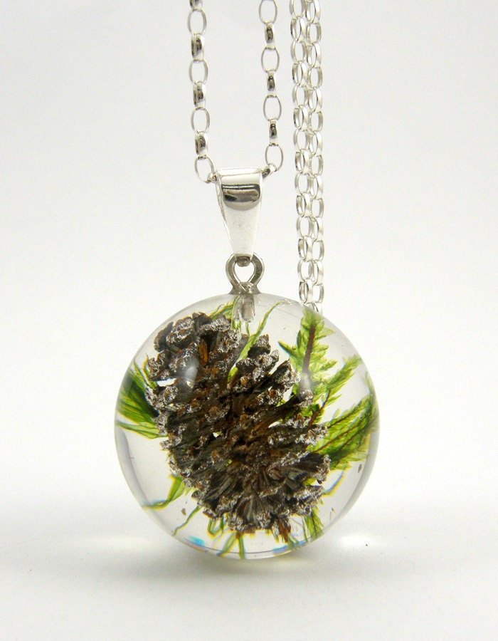 Green Moss And Cone Necklace, Large Resin Necklace with Sterling Silver Chain