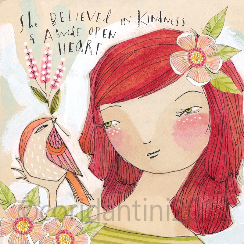 girl with bird art print, 8 x 8 archival and limited edition print by cori dantini