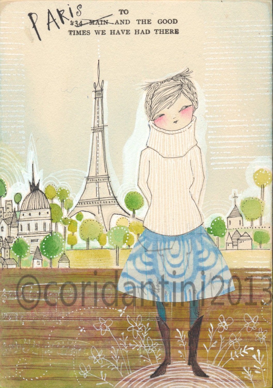 an ORIGINAL whimsical watercolor painting of girl in Paris - 5 x 7 inches - by cori dantini
