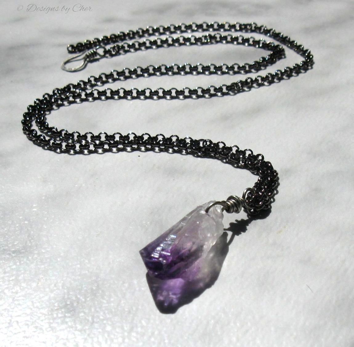 Natural Raw Amethyst Pendant, Wire Wrapped on Gunmetal Rollo Necklace ... Unisex Jewelry
