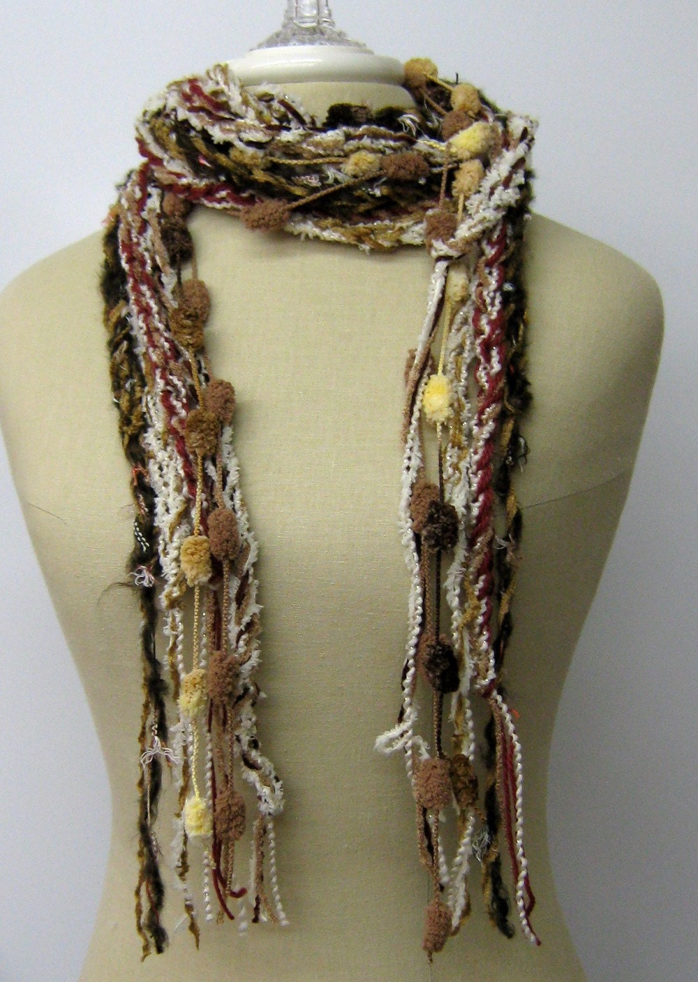 Camel cream brown braids Gypsy Fringe Scarf skinny lariat Hippie crochet neck wear