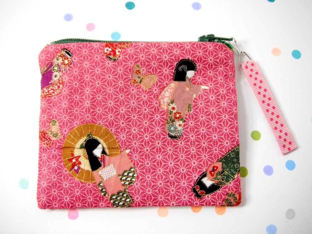 zipper coin purse, small, little, accessory, accessories, girl, women, oriental, japanese, geisha, pink,