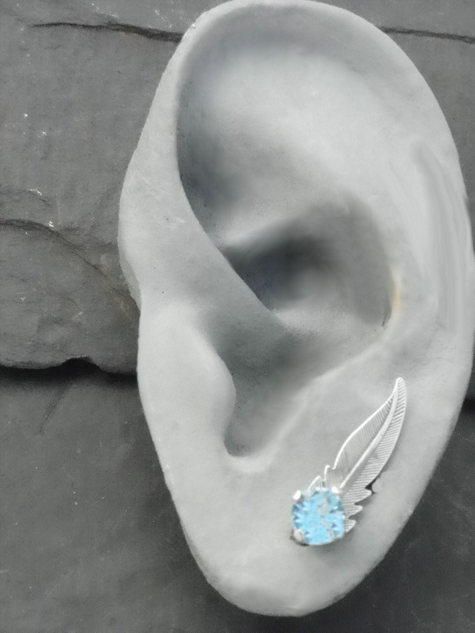 Sterling Feather EAR PIN  Earring -  ROBIN  -  Single Silver Ear Sweep with Blue Topaz