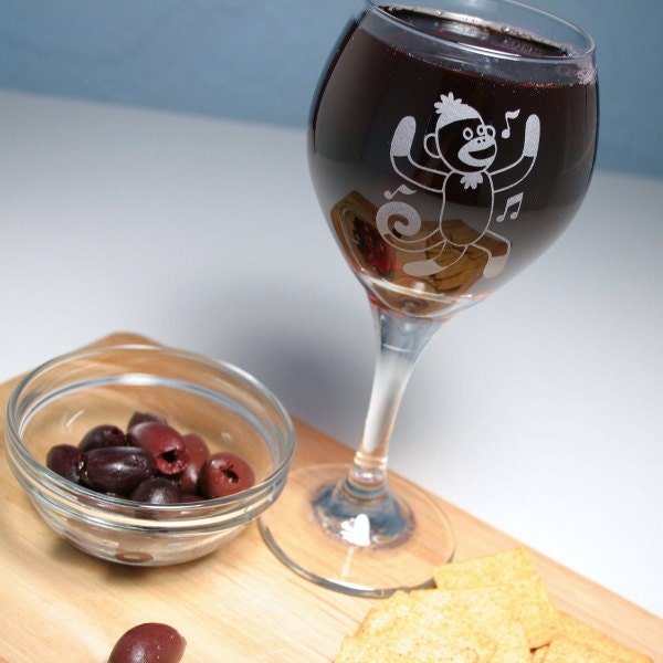 Sock Monkey Wine Glass - dancing, singing etched monkey