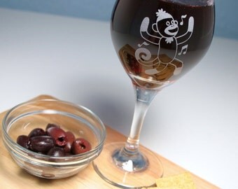 Sock Monkey Wine Glass - dancing, singing etched monkey