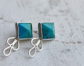 Blue Opal and Sterling Silver Stud Earrings  opal pyramid earrings