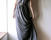 Draped Maxi Dress - grey grecian long gown in jersey - womens tunic dress with drawstring