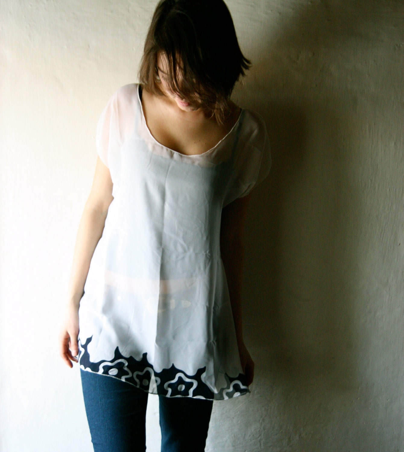 Sheer Silk Blouse - Short sleeved tshirt in white chiffon - see through tunic dress
