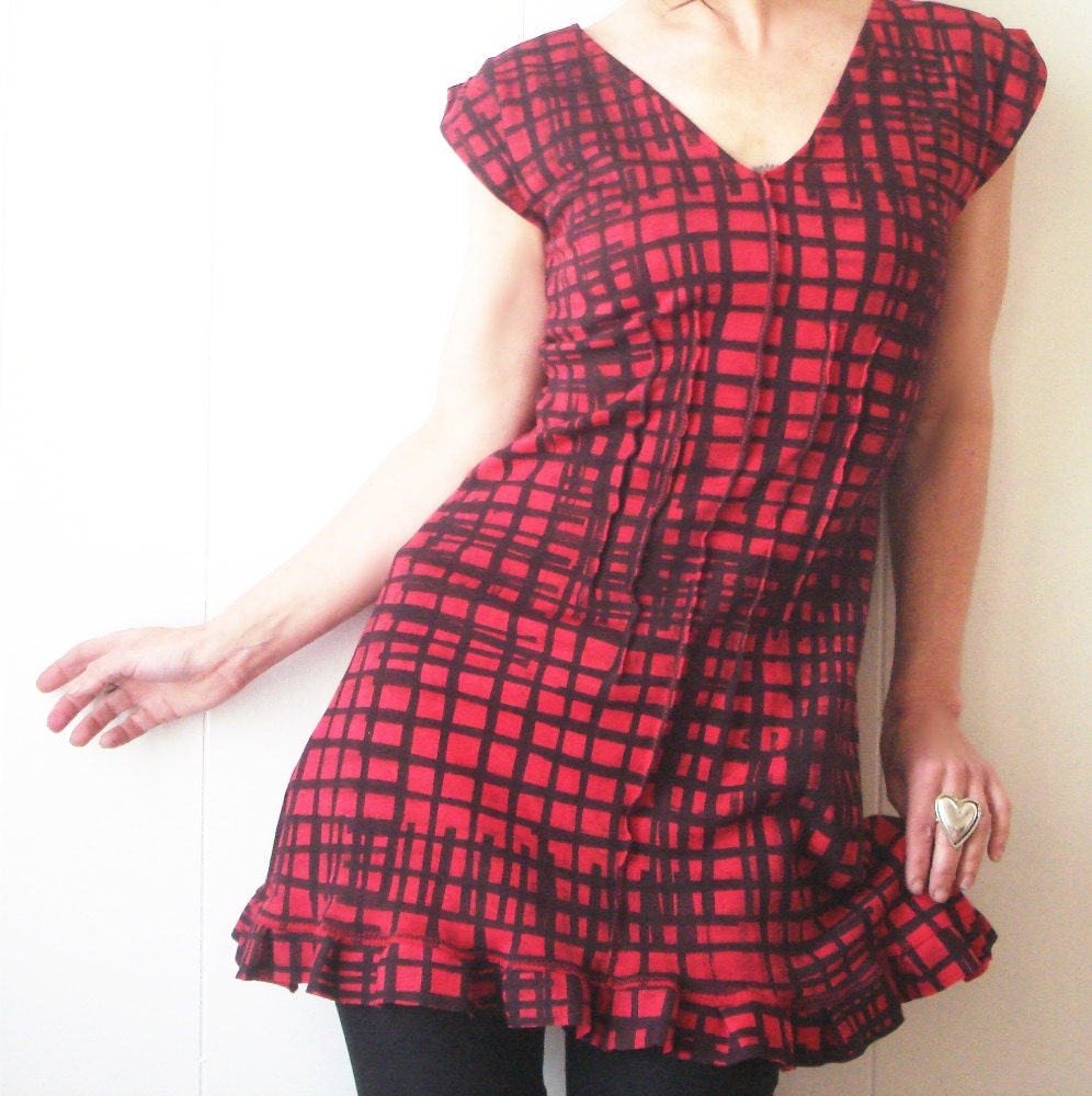 Girl U Want - iheartfink Womens Handmade Hand Printed Red Plaid Ruffle Mini Tunic Dress