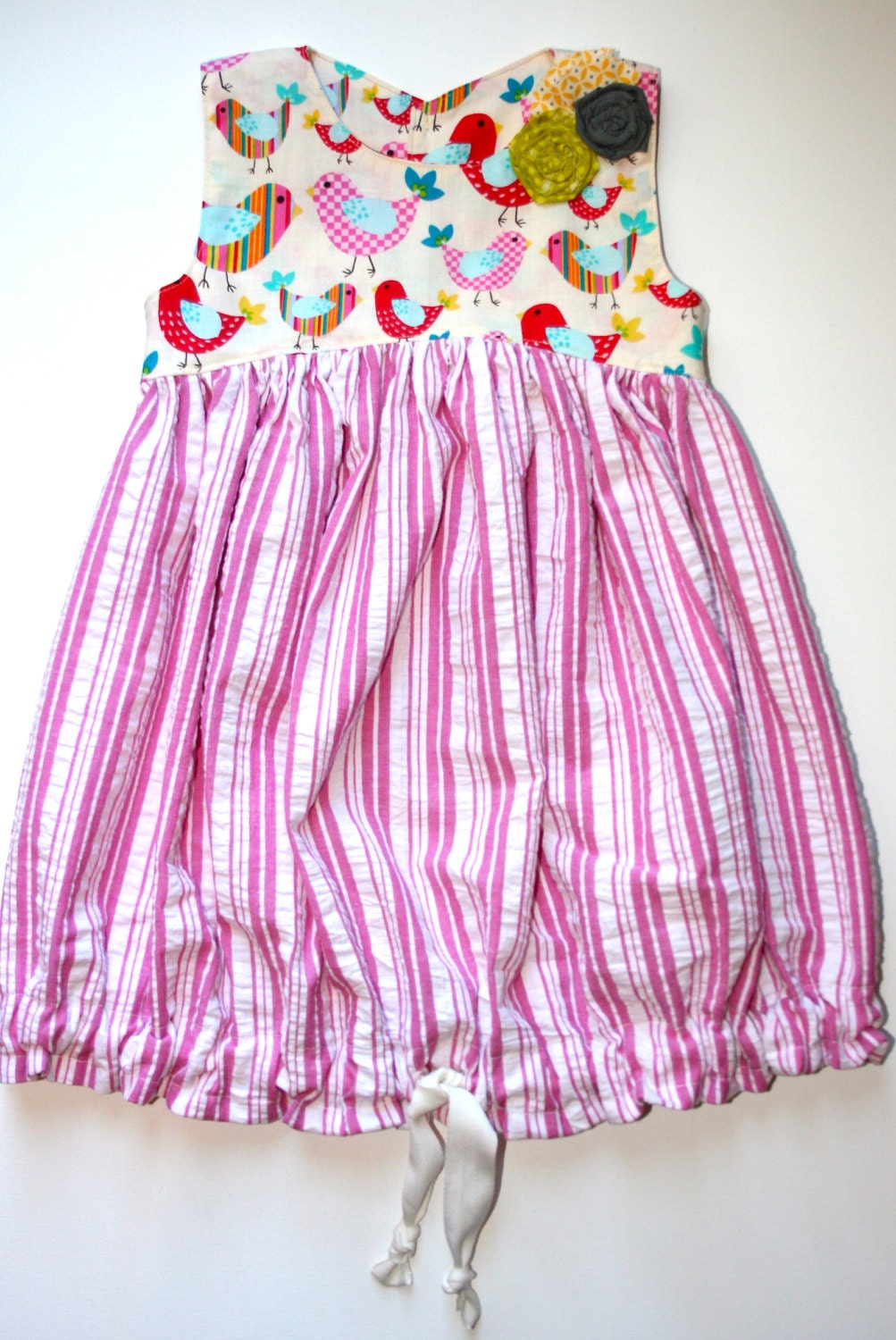 Bubble Dress Pink Stripes with Chickens 2/3