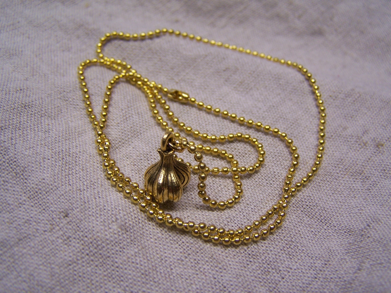 Antique Gold tone Garlic Charm Necklace on 18" Gold Color Ball Chain - free ship