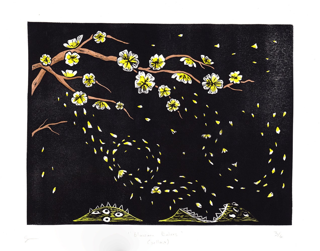 Blossom Eaters (yellow) - Cryptozoology linocut