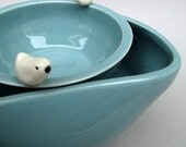 Robins Egg Blue Birdie Double Dish - Handmade stoneware pottery
