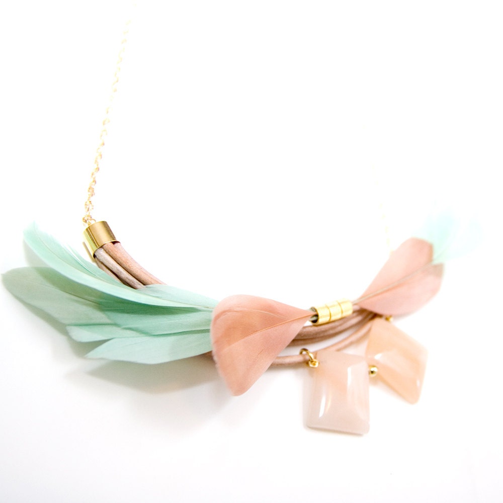 Bib Necklace - Flower Bloom Feather Necklace - Mint and Peach Spring Fashion - Feather Bouquet