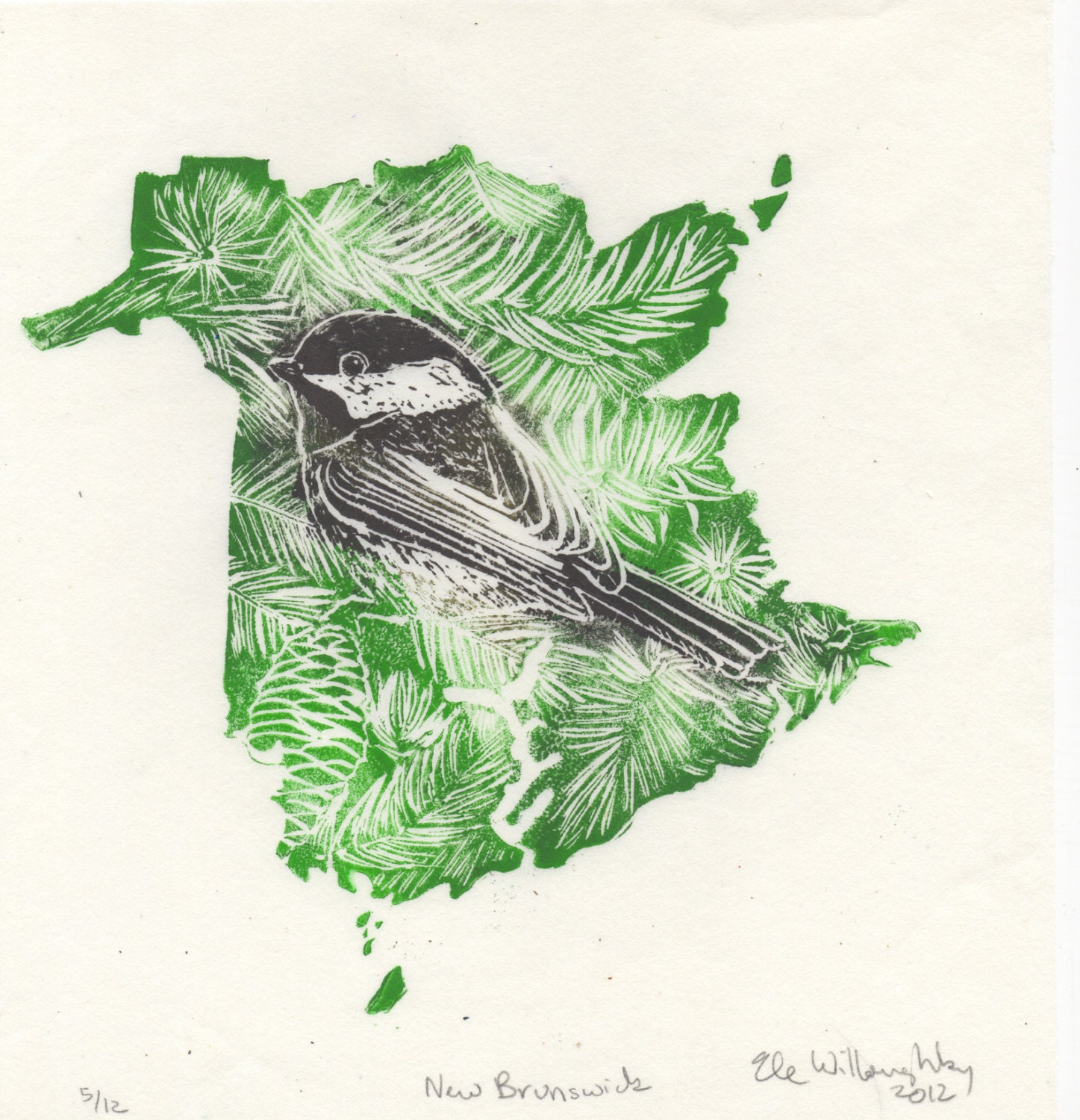 New Brunswick, Black-Capped Chickadee and Balsam Fir linocut