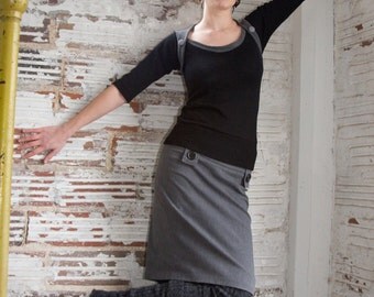 Classic wool knit black and grey Sweater-- black meets its grey stripe.  black and grey lightweight sweater.  spring or fall pullover.