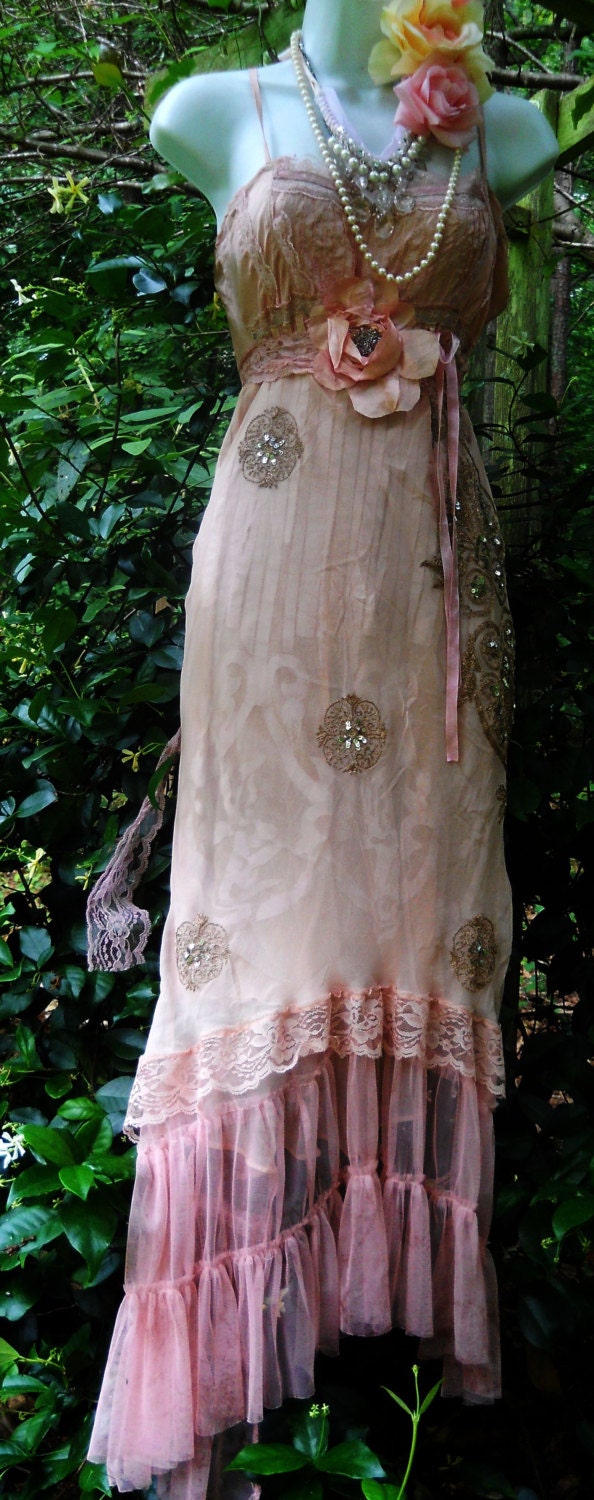 Blush maxi dress pink sequins  silk lace  wedding fairytale bridesmaid rose boho  vintage  romantic medium by vintage opulence on Etsy