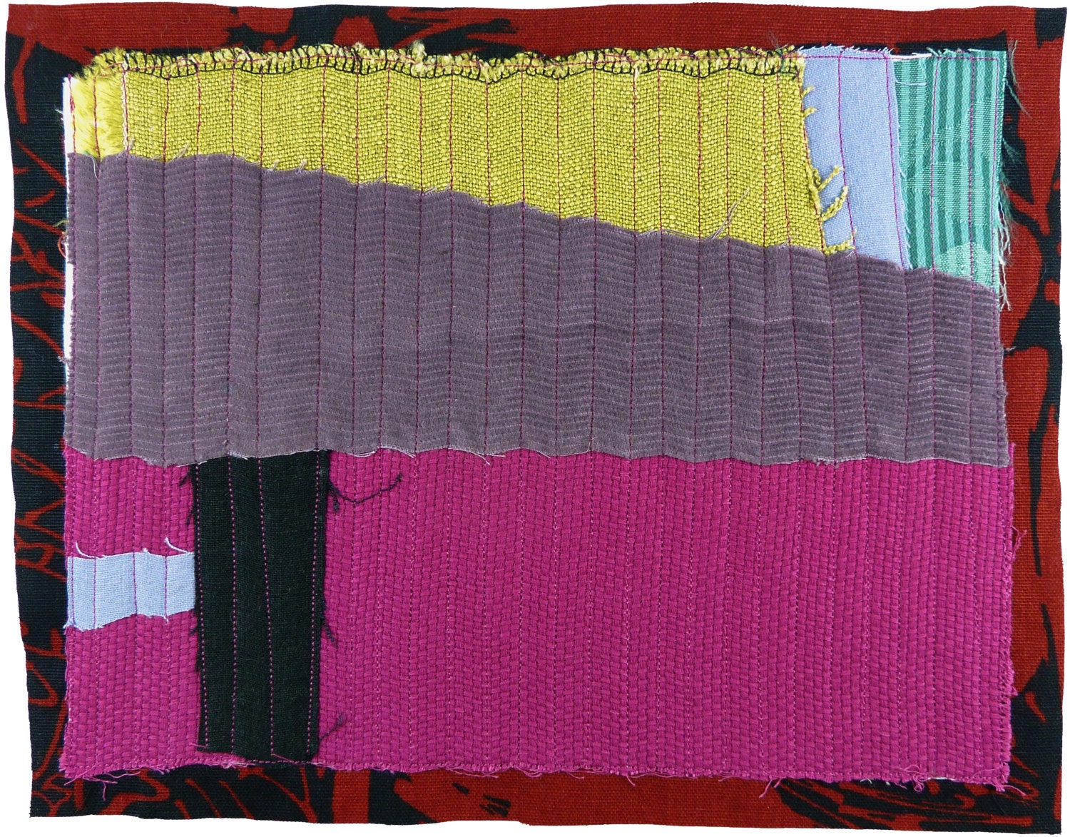 1.24.2013 small art quilt, contemporary, abstract, textile drawing, haiku, magenta, citron, lavender, aqua, dusty purple, mountains