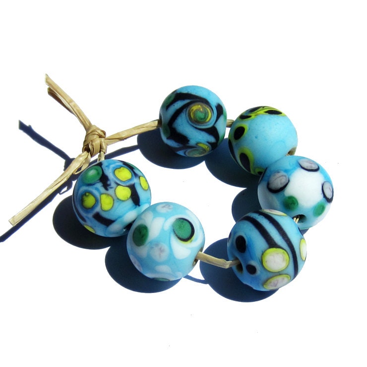 Handmade Lampwork Glass Round Beads turquoise yellow black