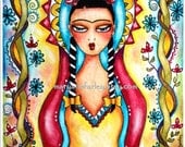 Mexican Madonna Virgin Mary Girl Art Print, Frida Kahlo Illustration, Spiritual, Religious, Watercolor Mixed Media, 8 x 10, Red Yellow