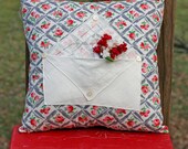 FeedSack Vintage Hankerchief Hankie Envelope Pocket Pillow .. Stuffed .. 12 inches ..  Red Blue Cream Floral