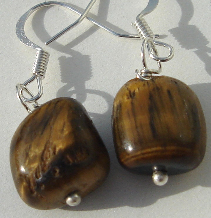 tiger eye nugget pierced dangle hand made wire wrapped earrings