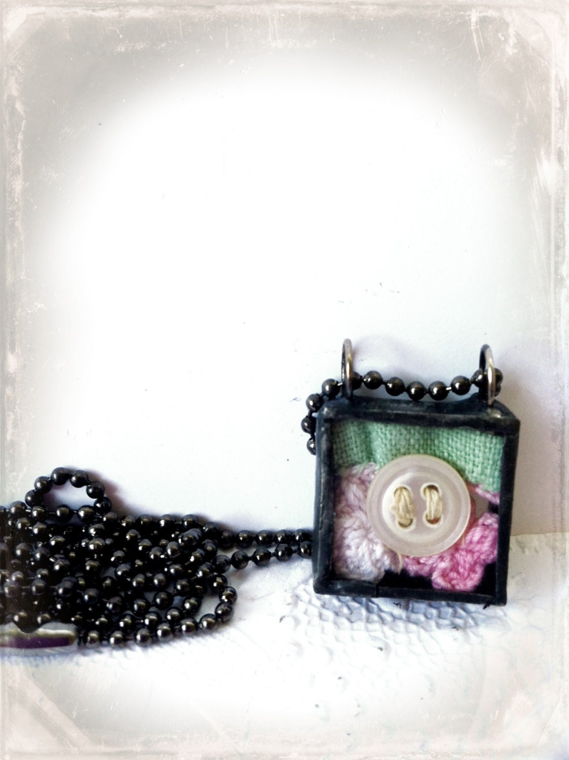 Pink and Green Lace Shadowbox, Antique Lace and Button Reliquary Necklace, Soldered Button Shadowbox, Gift for Seamstress, Button Charm