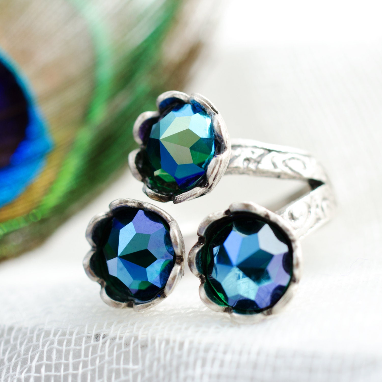 Peacock Eyes Ring with vintage emerald green aurora borealis crystals