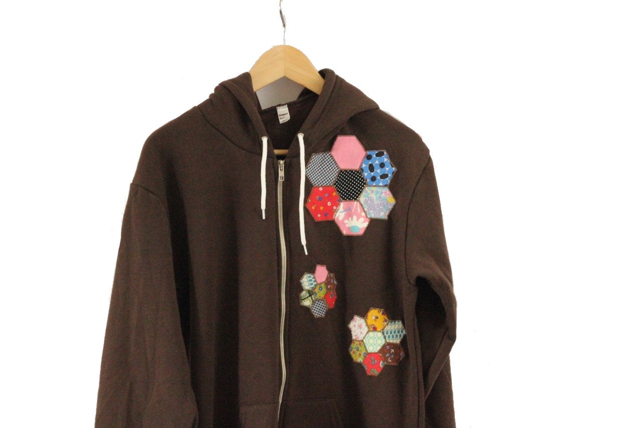 Womens American Apparel Hoodie Brown Size XL Applique Hexagon Patchwork // One of a kind // by Nicoles Threads