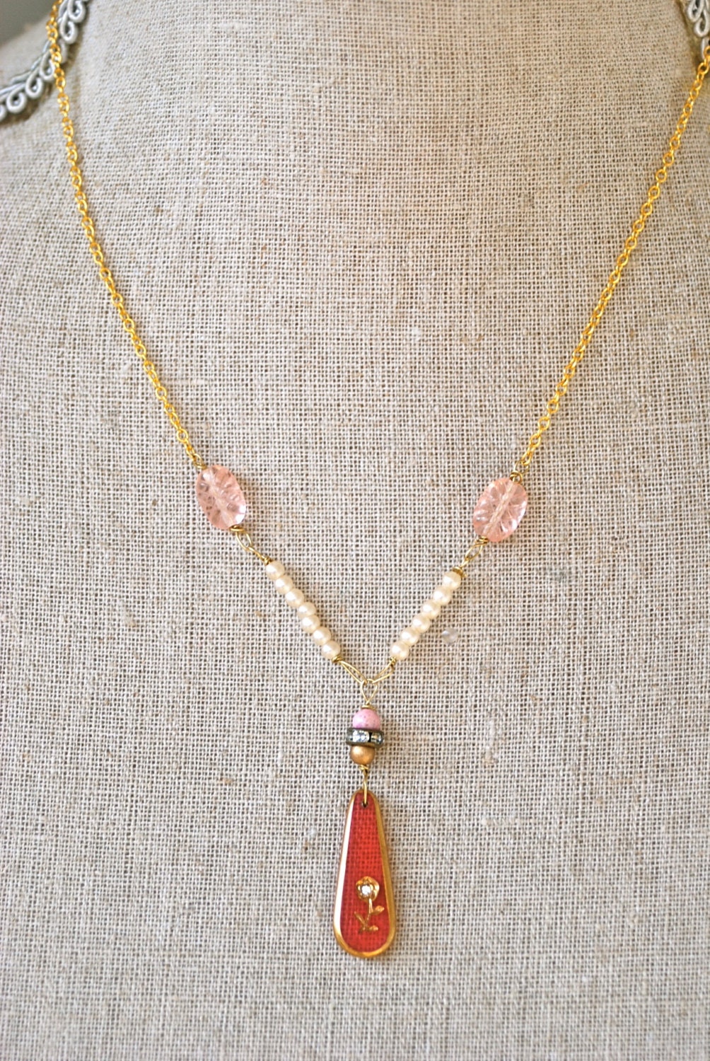 Single rose.vintage glass pendant,rhinestone and pearl necklace. Tiedupmemories