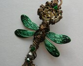 Emerald Green Dragonfly Clockwork Key Pendant -- Green Inked Brass Steampunk Dragonfly Winged Key with Gears and Crystals (A Key to Time)