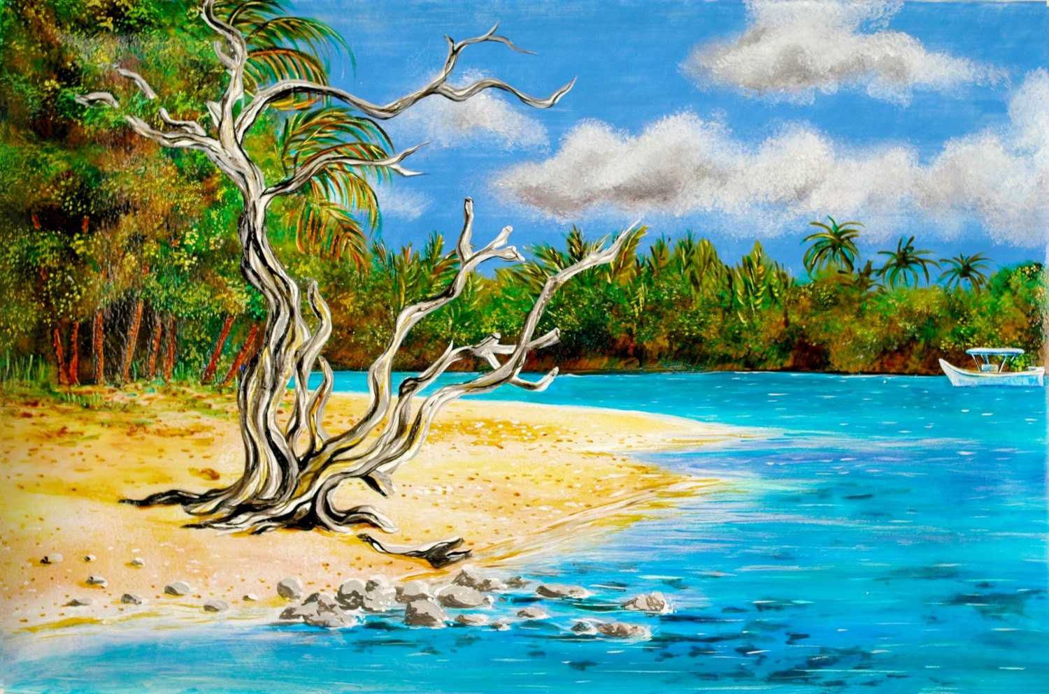 Hand-Painted Large Serving Platter--Tobago Island with Sun Bleached Tree