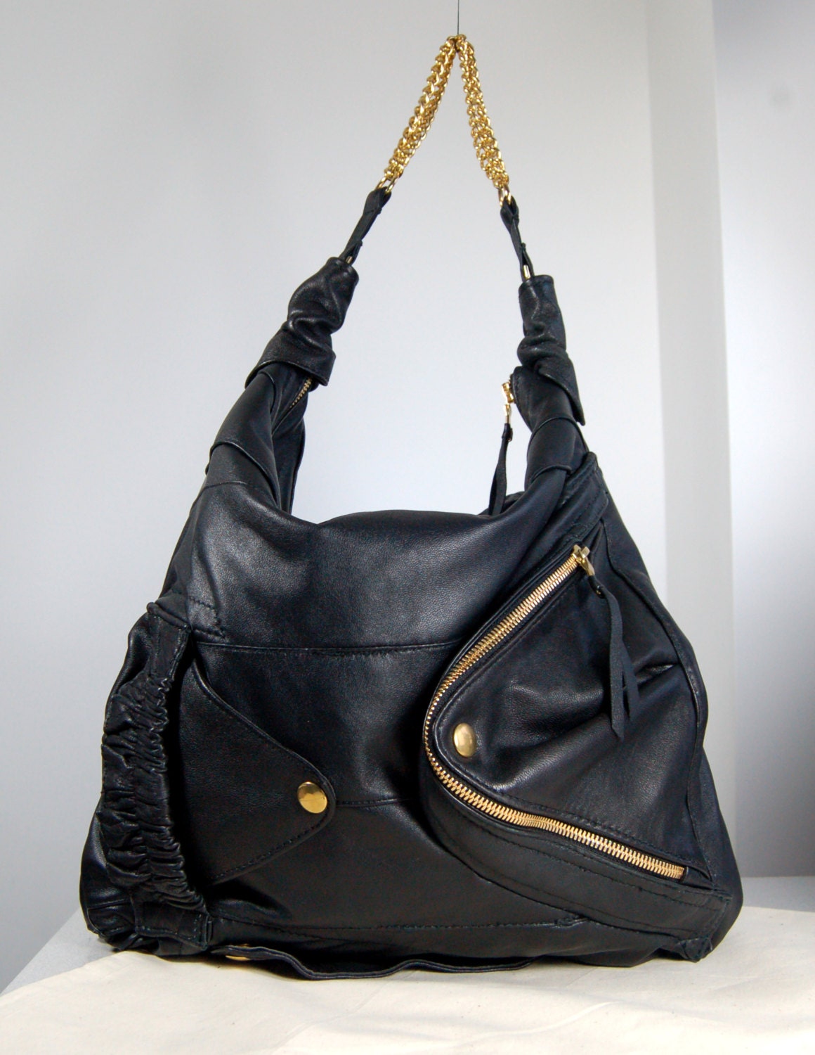 Bibi, Handmade black leather hobo / shoulder biker bag.