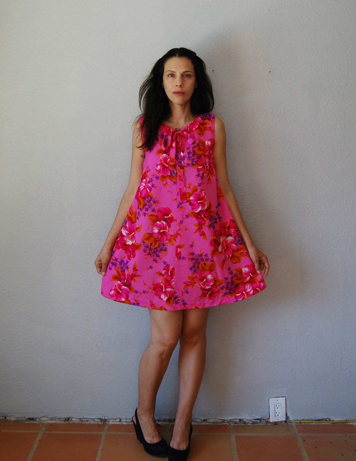 vintage FLORAL mini dress /  1960s HAWAII tent dress