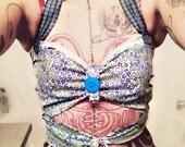 Hippie Halter Top Bra, blue green flower belly shirt, prairie tank top, Crude Things Summer Festivals Fashion