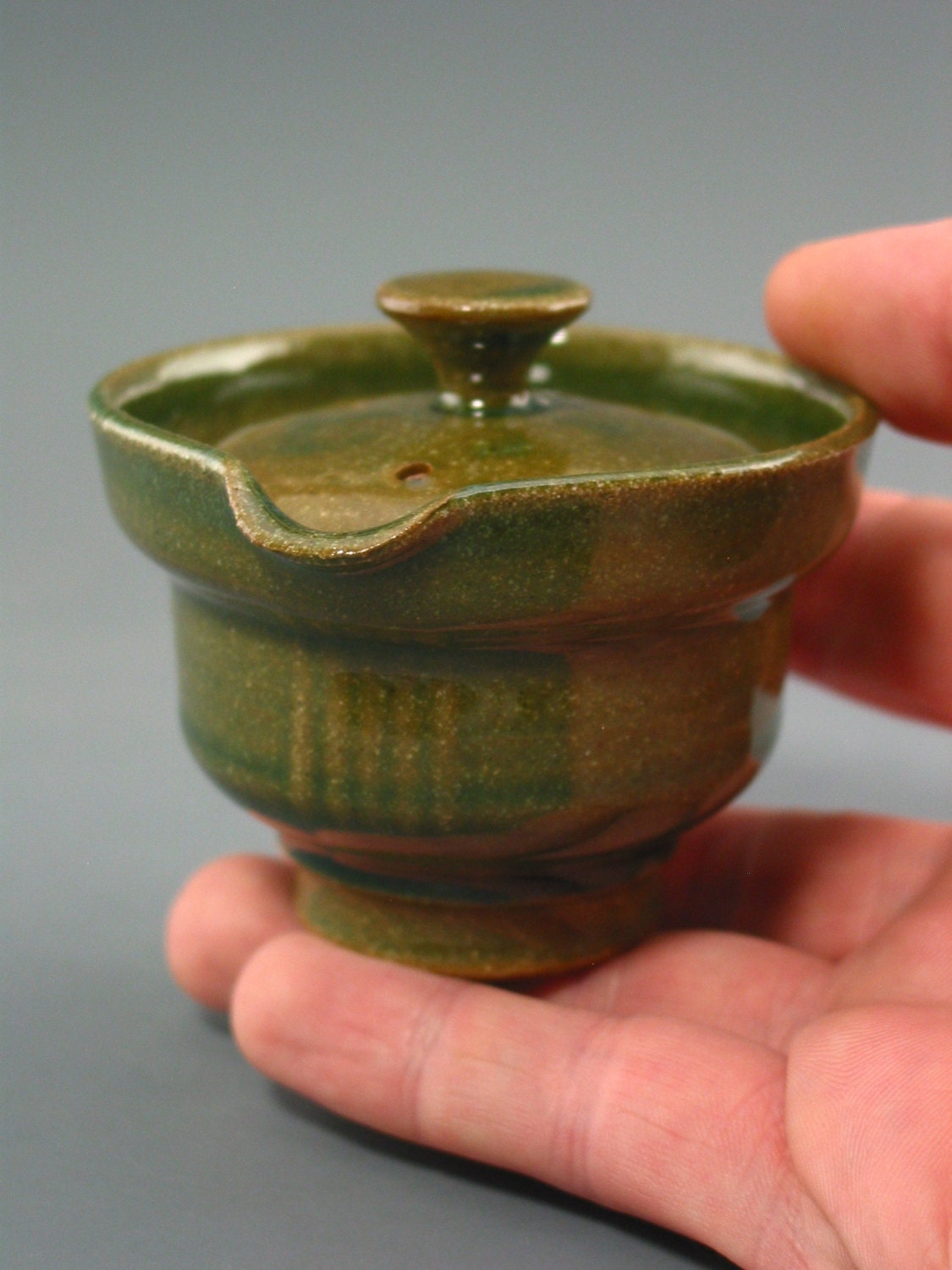 Shiboridashi Teapot (60 ml.),  iron-rich stoneware w/ celadon glaze.