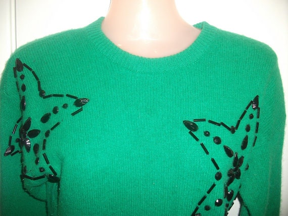 Super Star Mod - Retro n Fabulous Green Glam Gem and Glitz Sweater by Weathervane - Small
